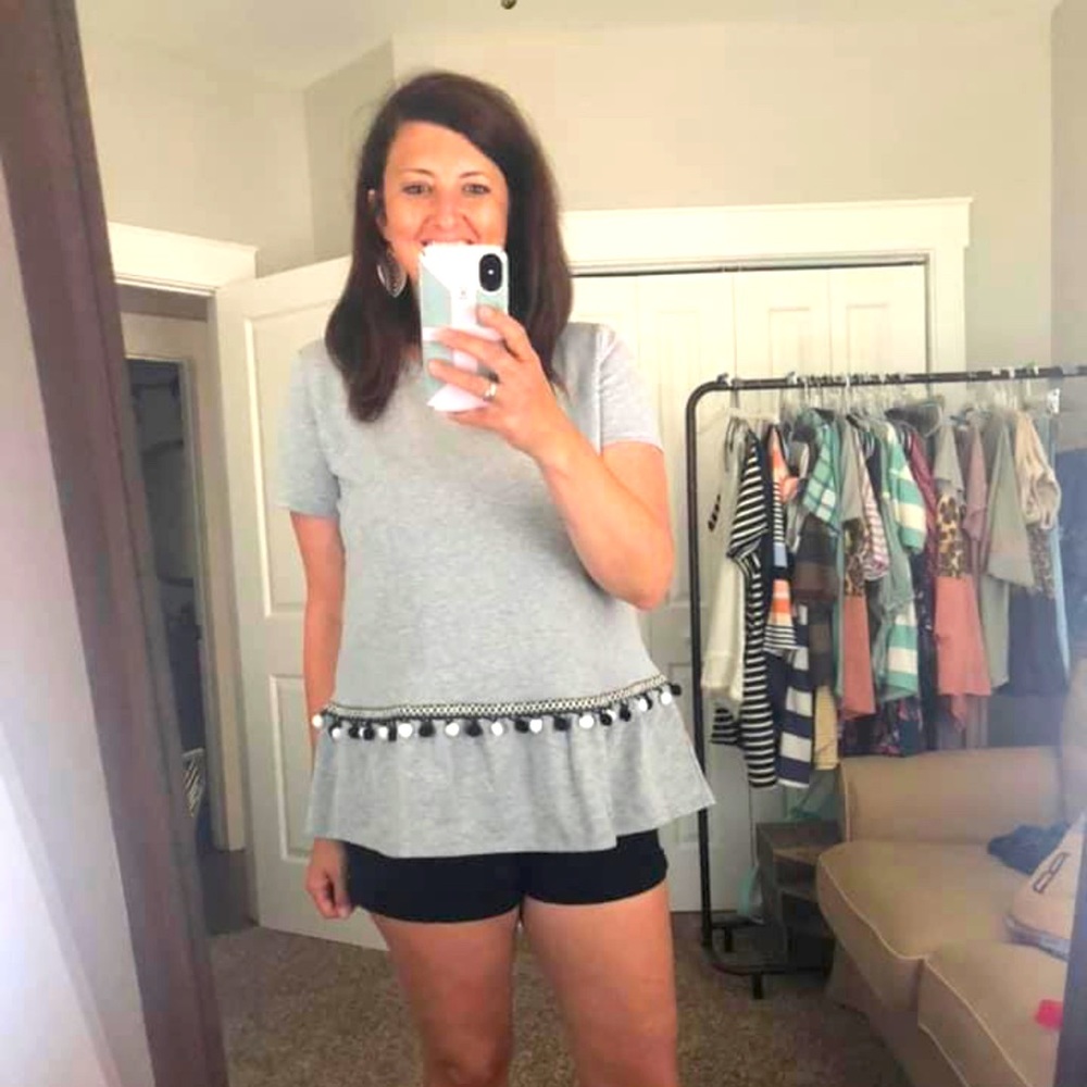 Short Sleeve Pom Pom Detail Tee